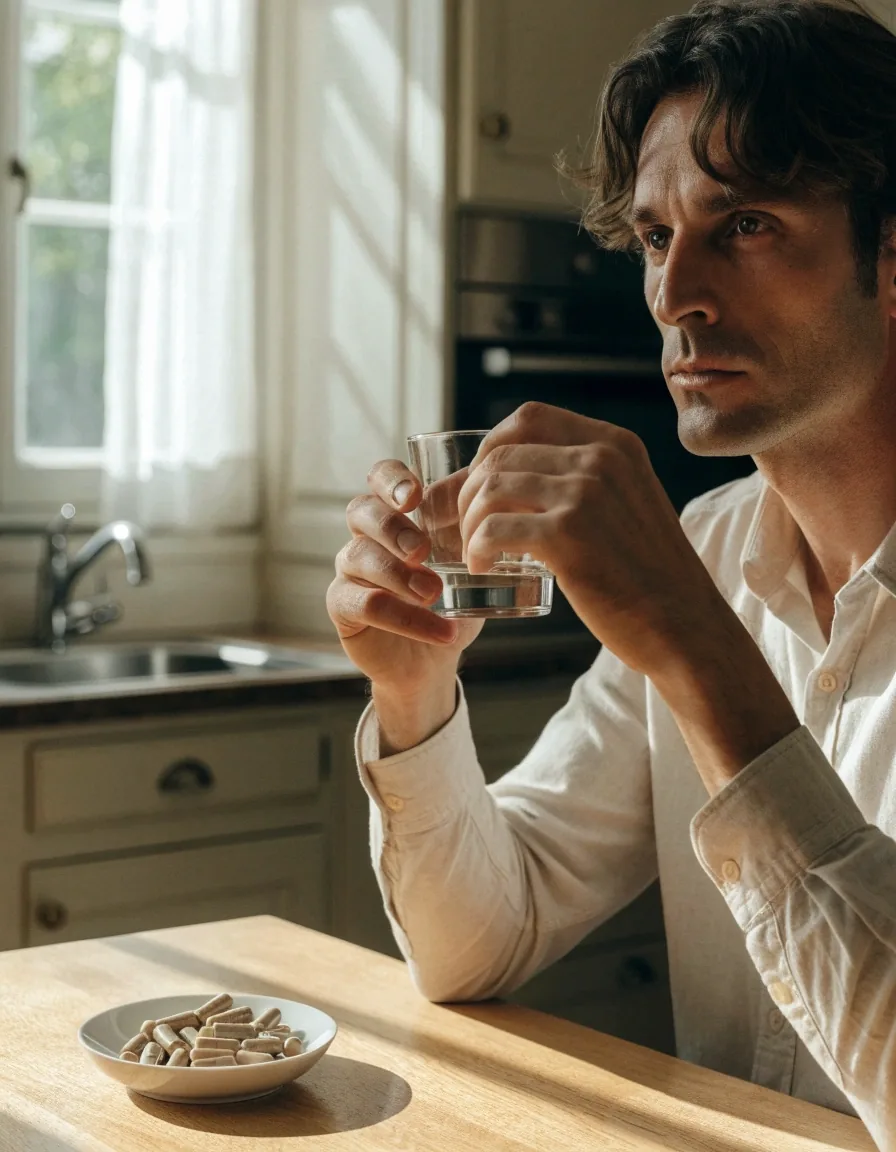Mains triant des gélules non marquées sur un plateau de papier blanc, lumière de fenêtre rasante