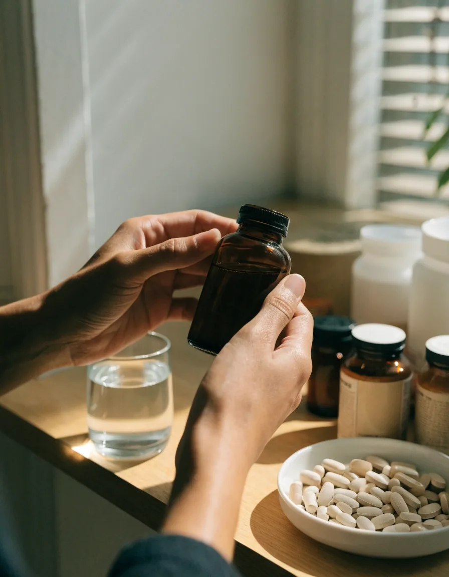 Comptoir de pharmacie clair au petit matin, avec des contenants neutres sans inscription