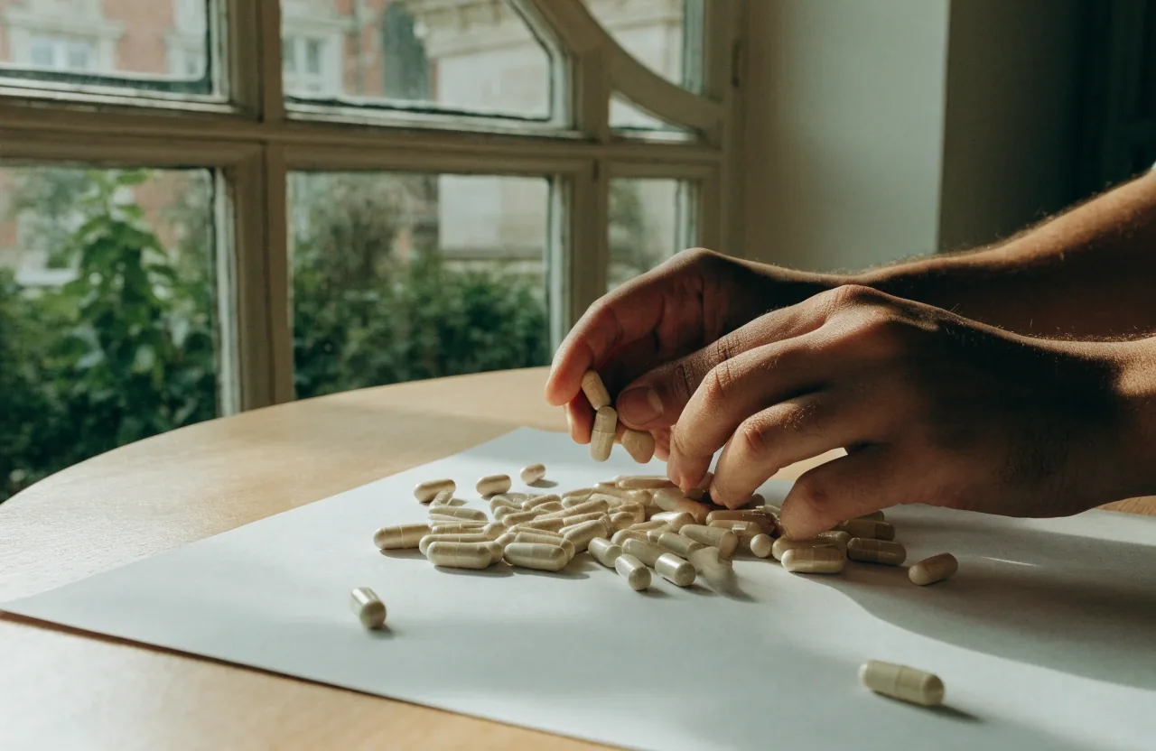 Mains triant des gélules non marquées sur un plateau de papier blanc, à la lumière du matin