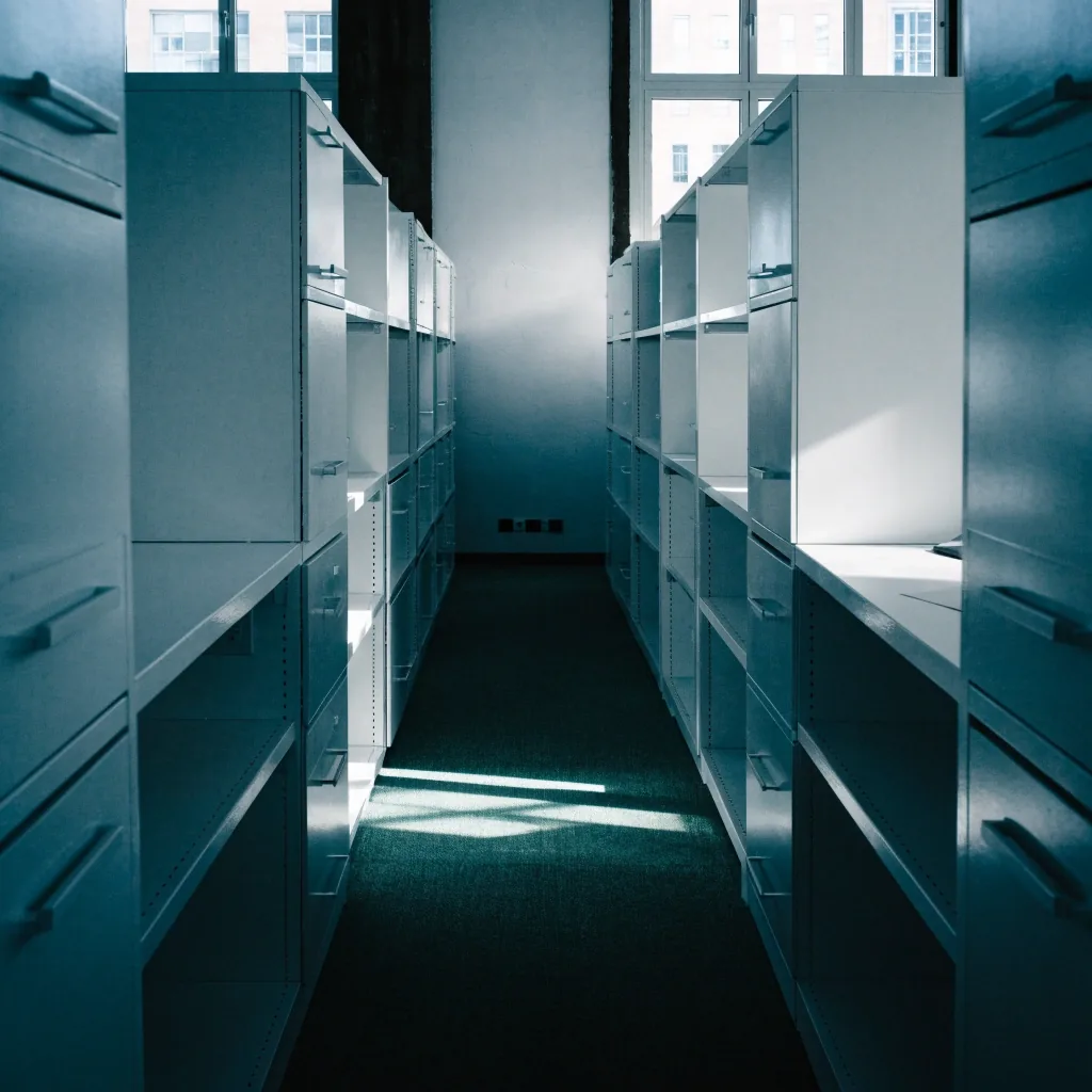 Mur de classeurs neutres dans une salle de consultation publique éclairée par une lumière d'hiver