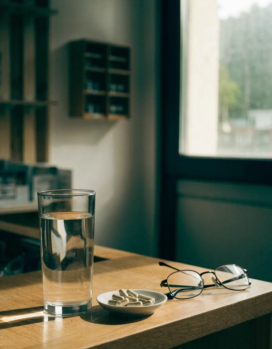 Table de lecture près d'une fenêtre, cahier fermé et lunettes posées dans la lumière du matin