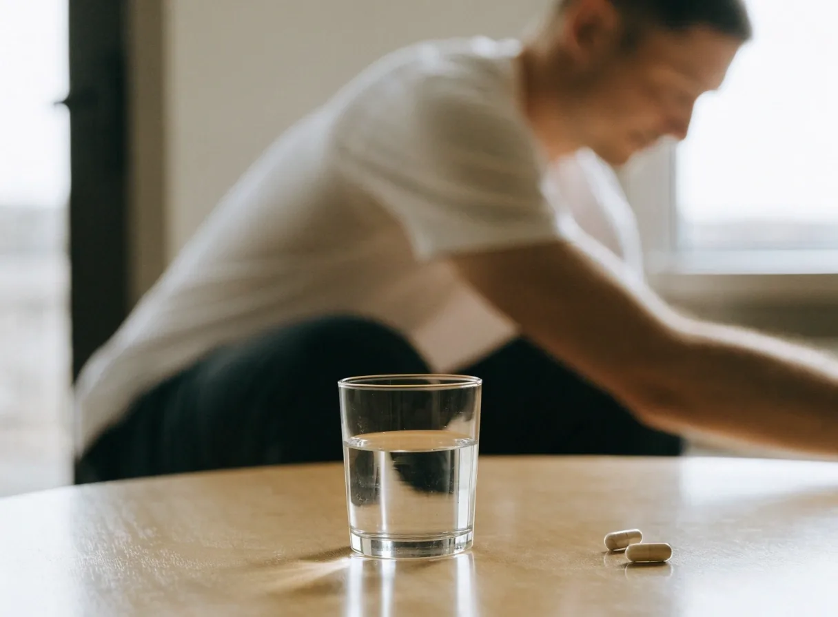 Un verre d'eau et une gélule non marquée posés sur un plan de travail clair
