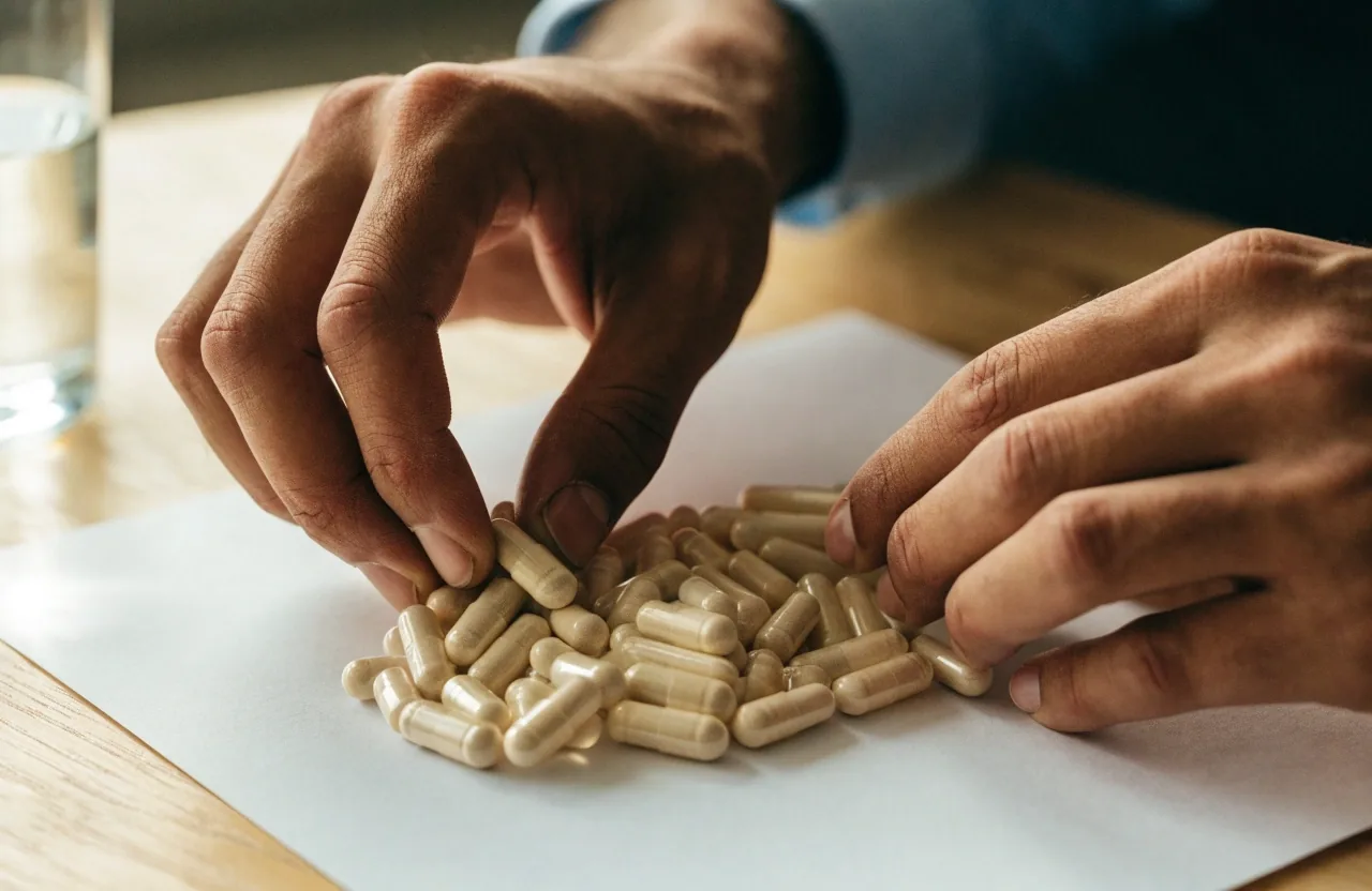 Mains triant des gélules non marquées sur un plateau posé sur une table blanche