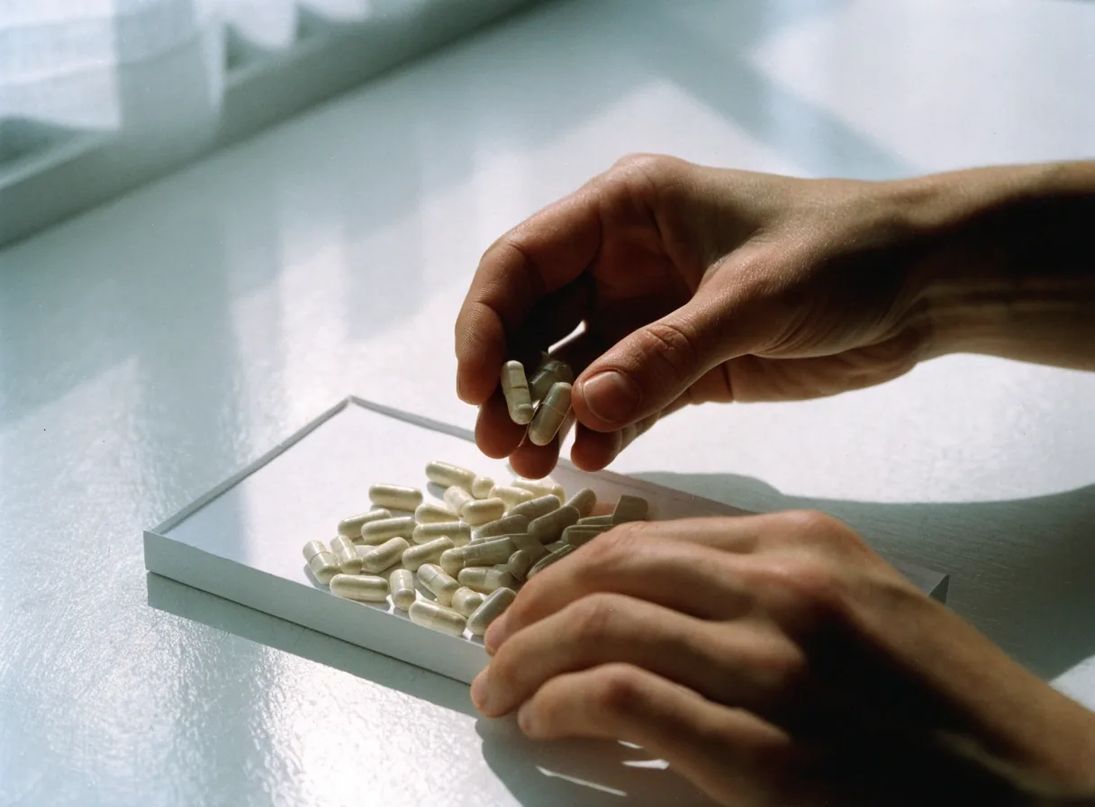 Mains triant de petites gélules non marquées sur un plateau de papier blanc
