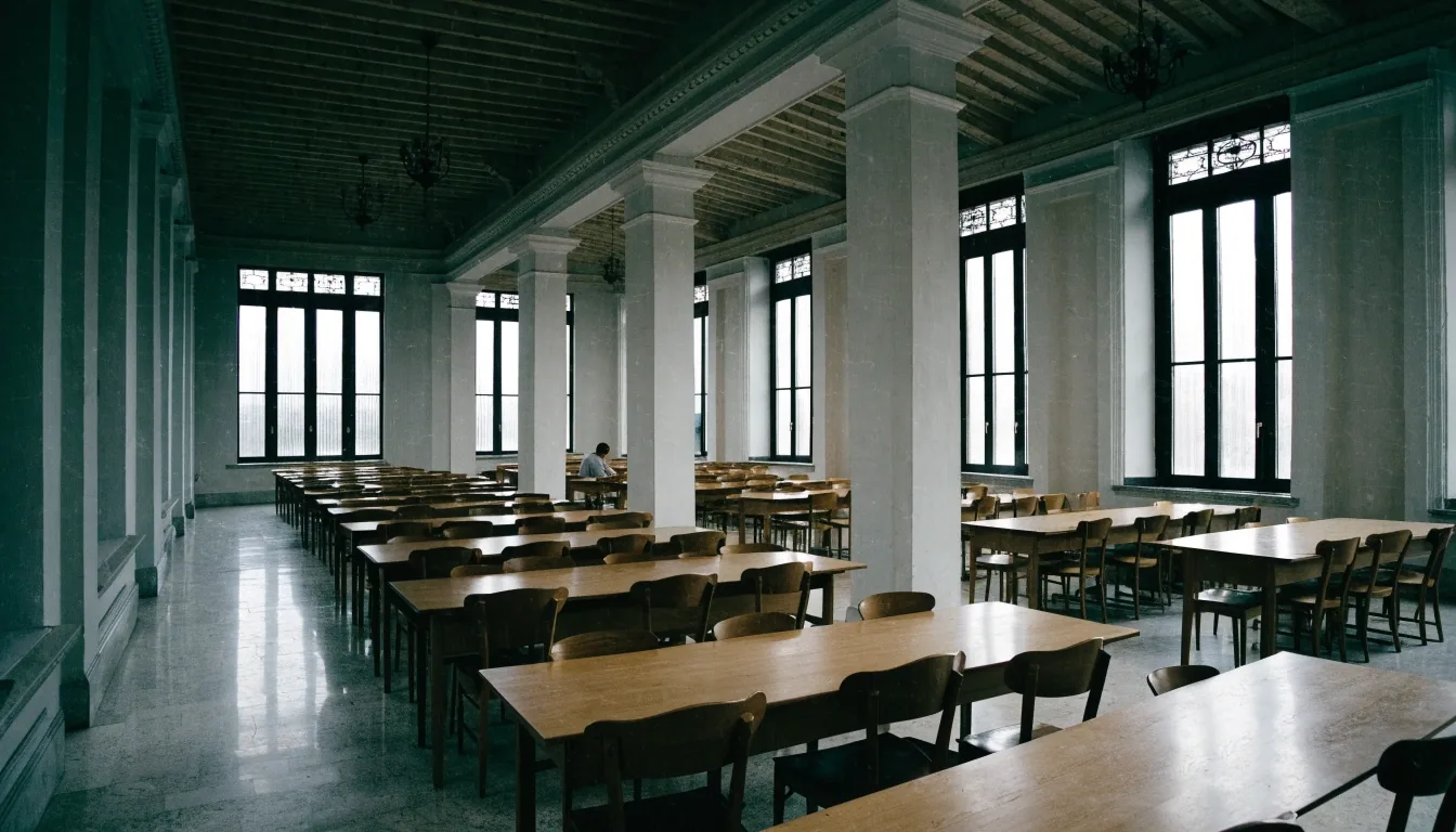 Salle de lecture publique lumineuse le matin, tables et colonnes blanches vues depuis l'autre bout de la pièce